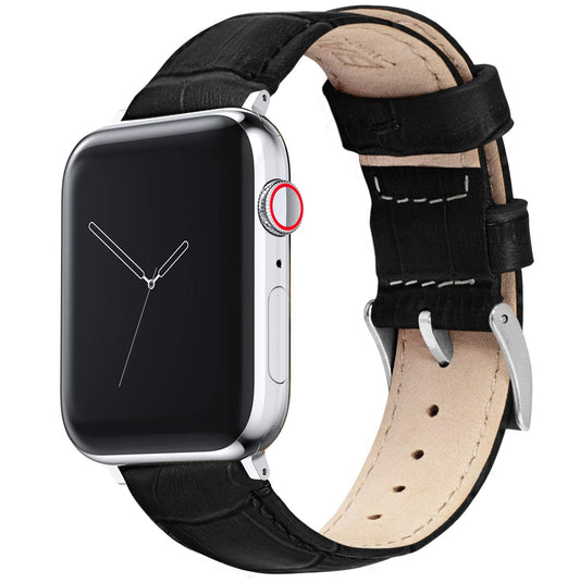 BARTON WATCH BANDS - Black & Stainless Hardware Alligator Grain Leather Watch Bands Compatible with Apple Watch Models - 1, 2, 3, 4, 5, 6, 7, 8, 9, 10, SE, Ultra & Ultra 2 - (42mm/44mm/45mm/49mm)