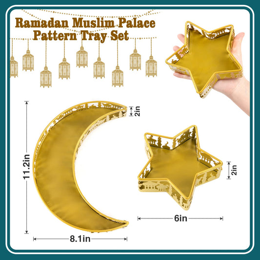 2PCS Ramadan Serving Trays Decorations for Home - Moon Star Shaped Eid Mubarak Table Decor Gifts, Islam Muslim Al-Fitr Iftar Party Crescent Iron Platters Dishes(Palace Pattern)