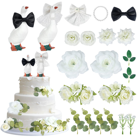 BruinBang Goose Couple Wedding Cake Topper, Handmade Resin Bride & Groom Figurines with Flower Accents for Wedding Bridal Shower Engagement Anniversary, Romantic & Funny Table Centerpiece (22 pcs)
