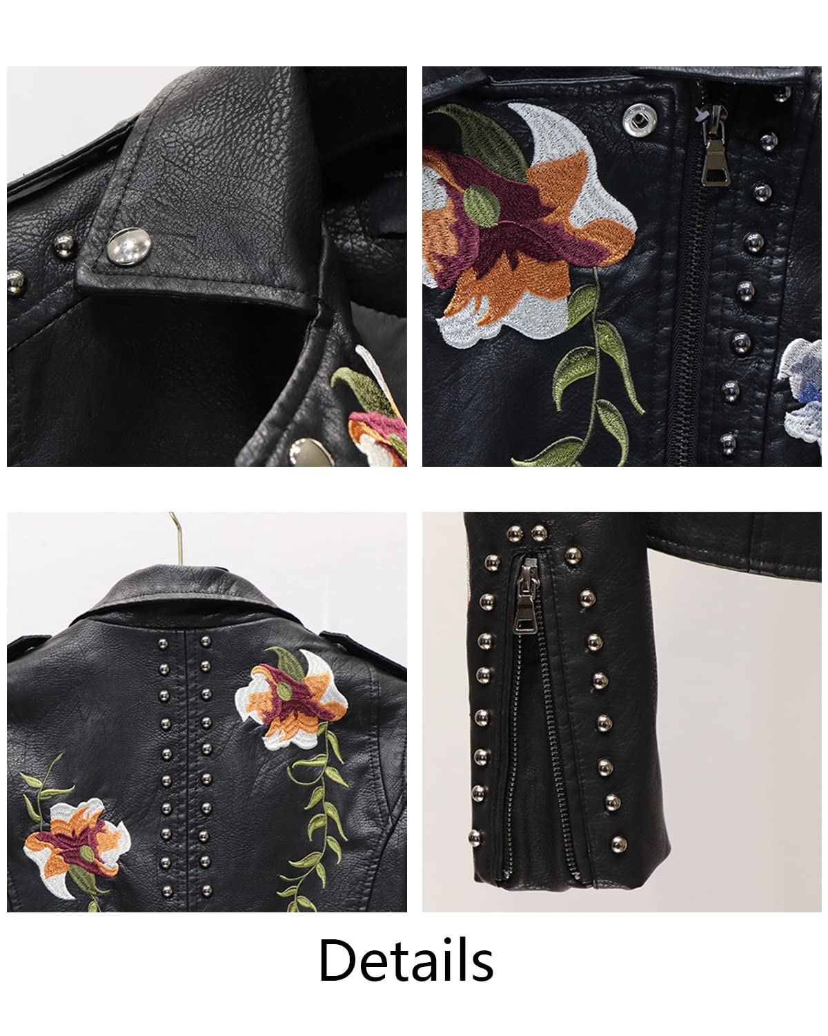 YILANUOYI Women's Embroidered Studded Faux Leather Jacket Moto Punk Jacket Floral Coat (M, XHPY Black)