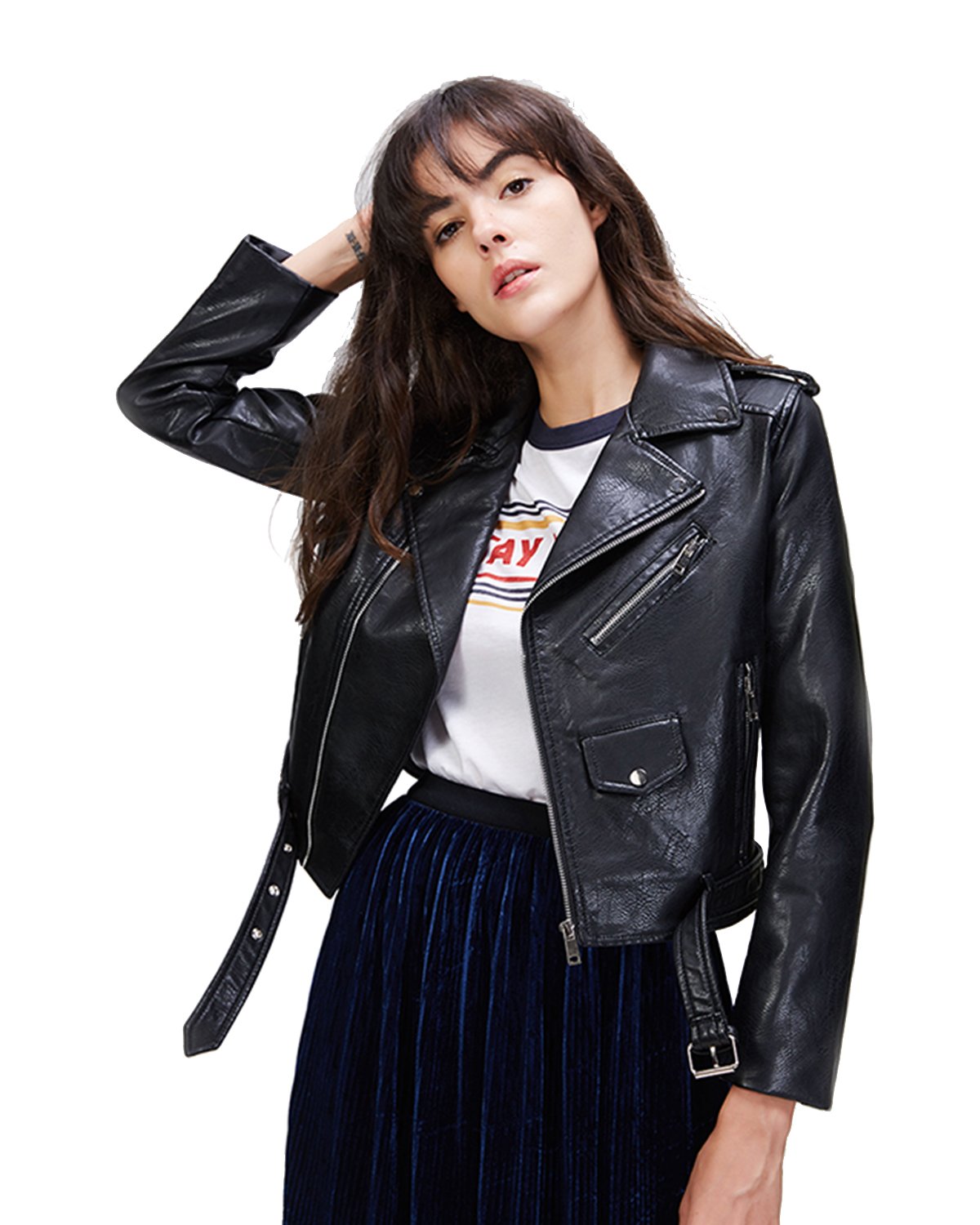 LY VAREY LIN Women's Faux Leather Motorcycle Jacket PU Slim Short Biker Coat (M, Black)