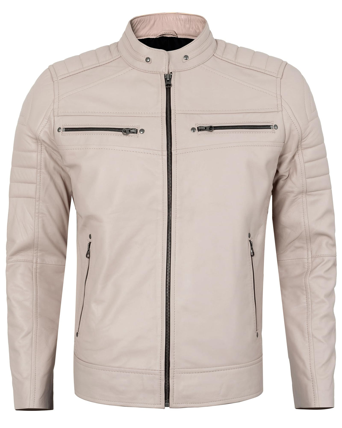 UrbanFocal Beige Leather Jacket Men - Real Lambskin Cafe Racer Leather Jackets For Mens | [101006603] Austin Beige, M