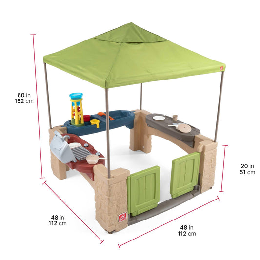 Step2 All Around Playtime Patio with Canopy Playset – Shaded Outdoor Playhouse for Kids with Realistic, Interactive Features, Room for Multiple Toddlers to Play – Dimensions: 60" H x 47.5" W x 47.5" D