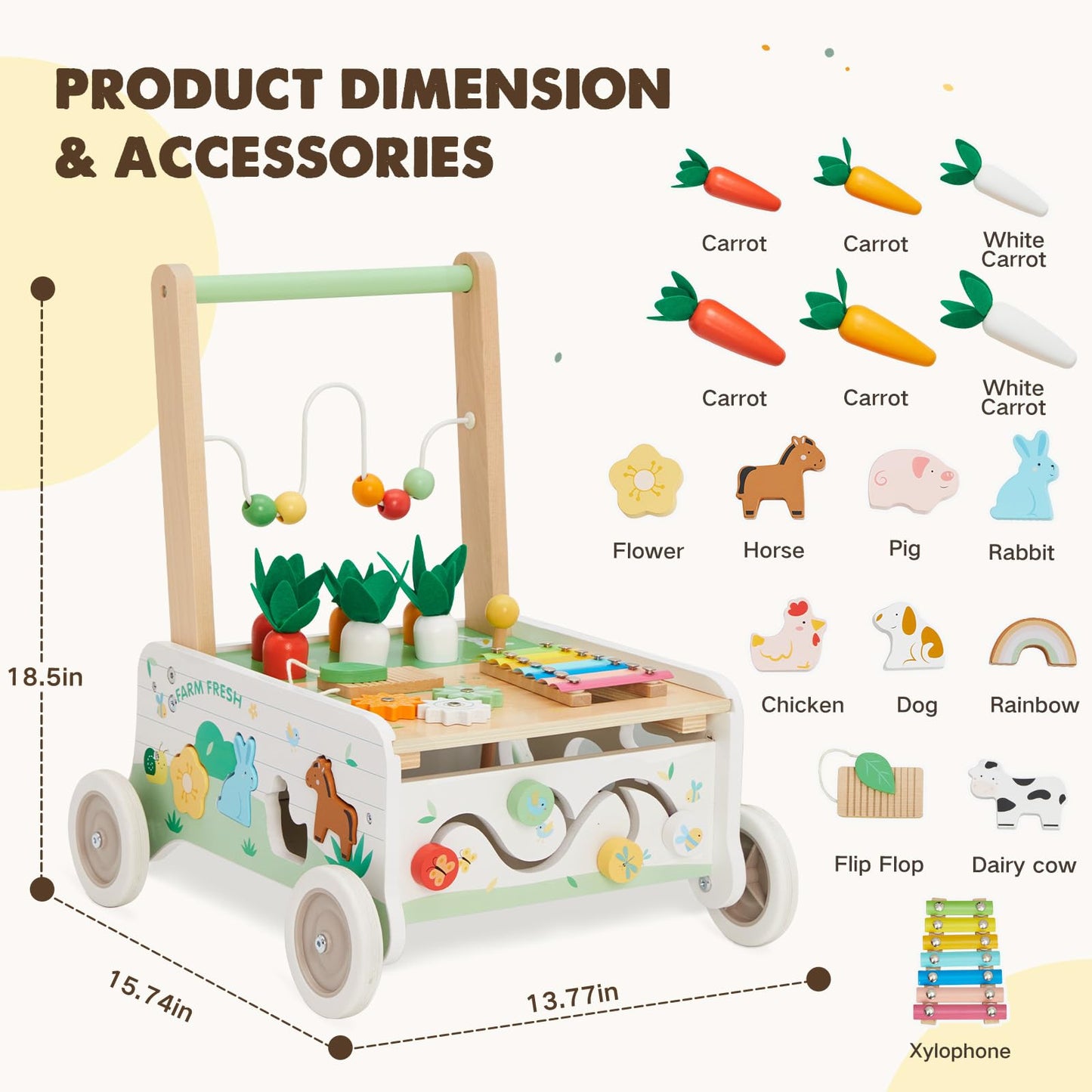 Wooden Baby Walker, Baby Push Walker, Adjustable Speed Baby Walker with Wheel, Toddler Activity Center Toys, Montessori Farm Walker Toy with Shape Sorter, Carrot Harvest for Boys and Girls