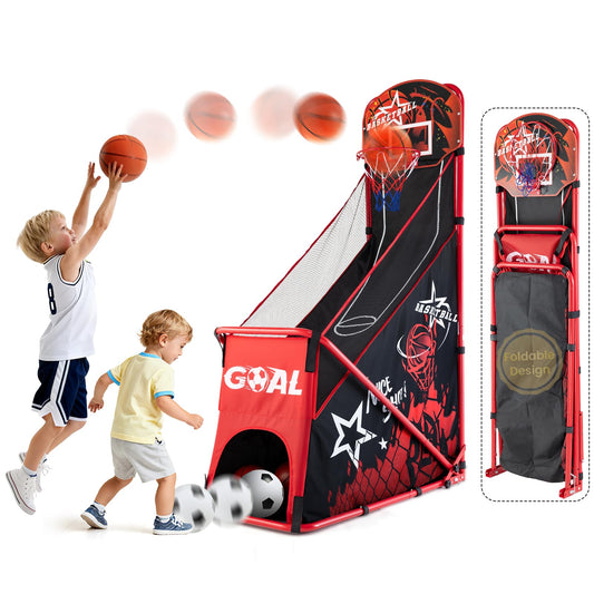MerryMove Basketball Arcade Game for Kids: Foldable Basketball Hoop Set with Soccer Goal- Portable Indoor Outdoor Sports Play Toy- Gift for Ages 3-12 Boys Girls- Air Pump and 3 Balls Included