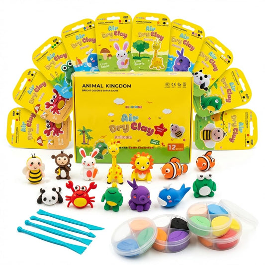 Obvio Home Air Dry Clay for Kids - 12 Animal Designs Modeling Clay Kit - Model Sculpting Set, Ultra Soft Safe & Non-Sticky | DIY Crafts, School Projects & Party Favors for Boys & Girls