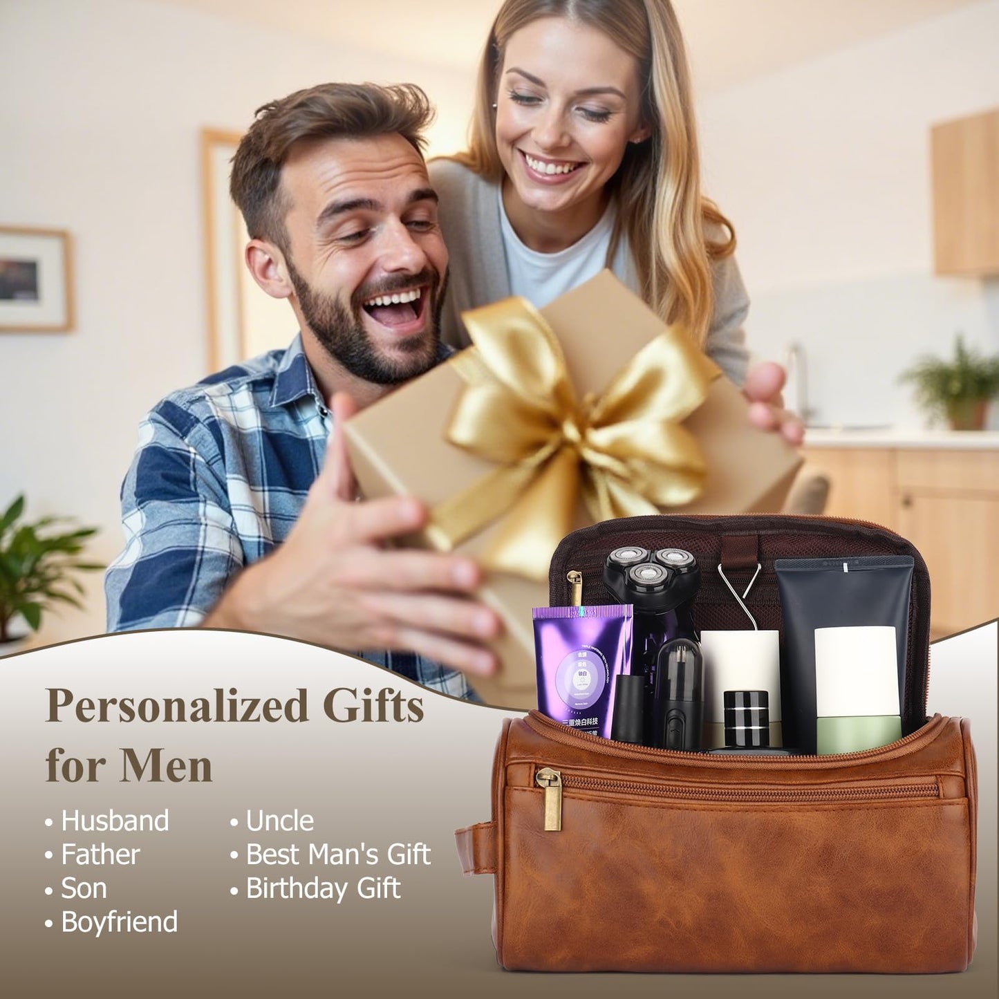 OXYEFEI Personalized Toiletry Bag for Men,Personalized Gifts for Men,Engraved Initial PU Leather Mens Toiletry Travel Shaving Travel Essentials Toiletries Bag for Him Birthday (J, Light Brown)