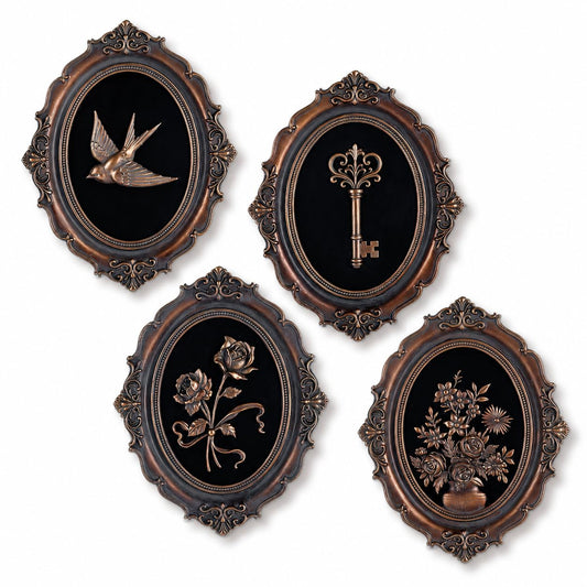 Vintage Wall Decor Art Set of 4,Complete 10" Resin Relief Collection (Swallow,Key,Rose & Flower),Antique Gold Victorian Framed Aesthetic for Large Gallery Wall,Dark Moody Gothic Home Decorations (Bronze)