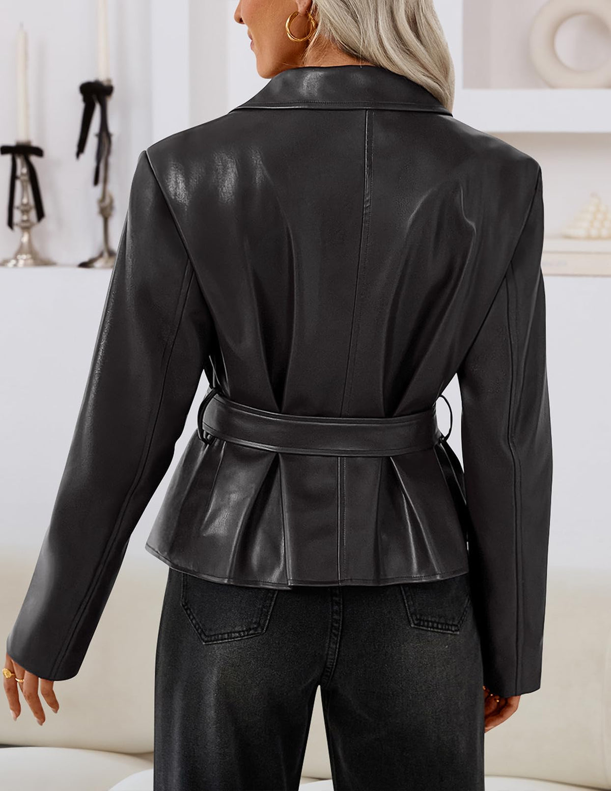MEROKEETY Women's Fall Fashion 2025 Leather Jacket Casual Belt Button Down Blazer Trendy Coat Outerwear, Black, Large
