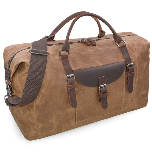 NEWHEY 55L Travel Duffel Bag, Waterproof Waxed Canvas & Leather Weekender Bag for Men, Large Carry-on Overnight Bag for 4-5 Day Business Trips & Weekend Getaways, Brown