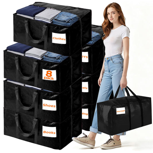 BETU 8 Pack Moving Bags Moving Storage College Dorm Camping Packing Travel PE Heavy Duty, Sturdy Handle, Zipper Large Storage Tote Bag Moving Boxes Box Alternative - Black 29L x 14W x 13H