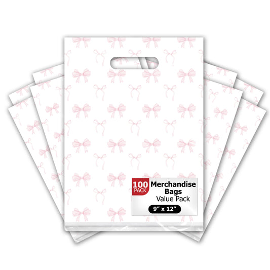 Pro Supply Global Pink Bows Designer Style with Die-Cut Handles, 9"x12" Pack of 100 – Ideal Retail Boutique Merchandise Carriers for Shops, Crafts, Farm Stand, Vendors, Parties, Holiday & Everyday Use