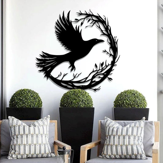 ENJOYOO Crow Wall Decor, Metal Crow Silhouette, Birds on A Branch Wall Decor, Bird Wall Art, Metal Bird Silhouette Tree Art for Living room, Outdoor (Black, 19×18in/47×46cm, metal wall art)