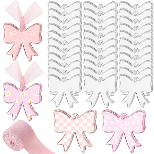 Yeaqee 50 Pcs Bow Acrylic Blanks Clear Keychains with 1 Rolls Ribbon DIY Laser Engraving Bookmarks Blanks Tags for Craft Reading Lovers Gift Keychain Luggage Handbag Travel Suitcase Tags