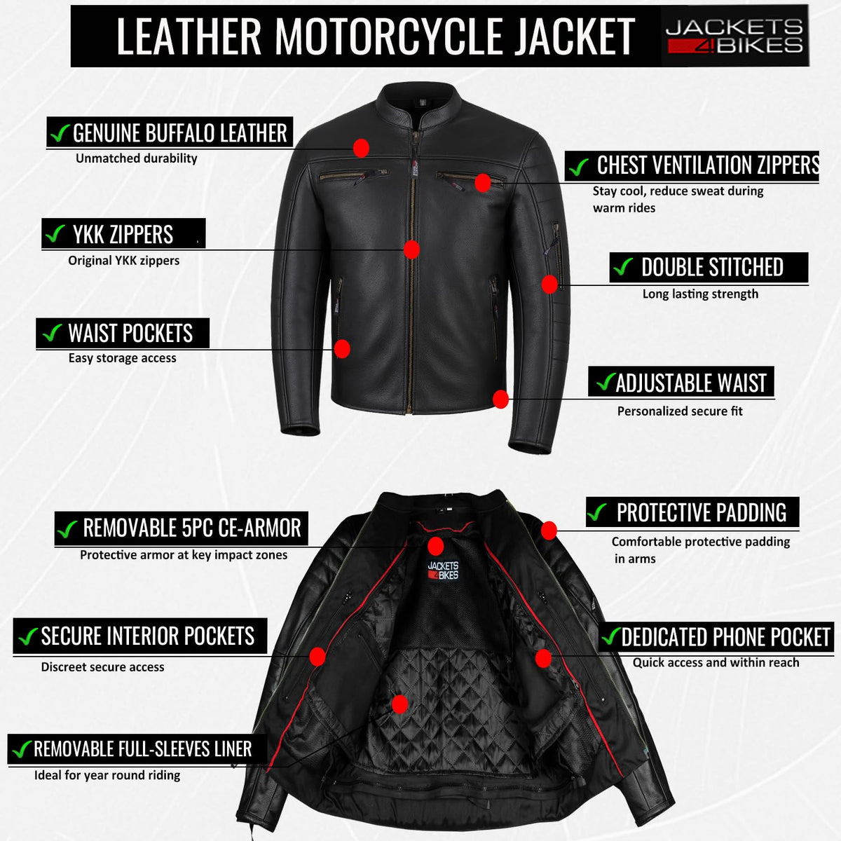 REVOLT Men's Motorcycle Jacket, Natural Buffalo Leather, CE Armor - Ventilation, Cruiser Motorbiker Touring Biker Black XL