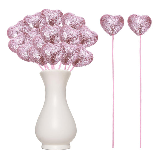 MECCANIXITY 24 Pcs Glitter Heart Shaped Picks Puffy Foam Hearts Floral Sparkly Stick for Valentine's Day Wedding Decorations Home Vase Supplies Flower Arrangements Crafts (Pink, 4cm x 22cm)