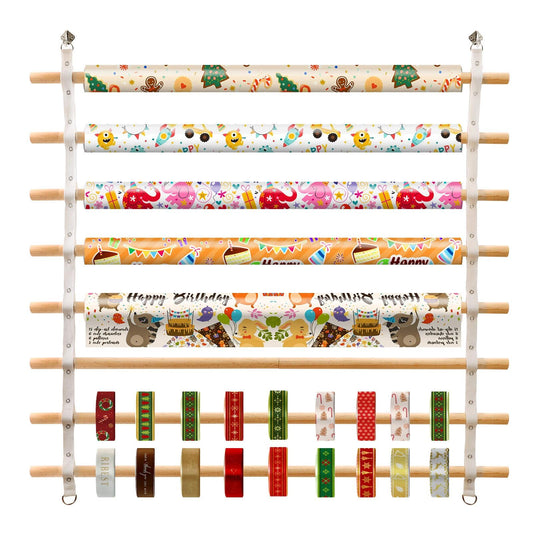 COZFUR Wooden Ribbon Holder Organizer Rack, 8 Tier Wall Mounted Gift Wrapping Holder, Ribbon Spool Dispenser for Craft Room, Flower Shop