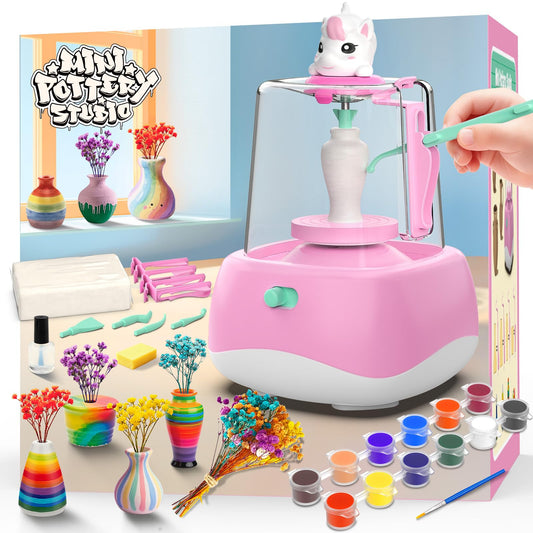 Mini Pottery Wheel for Kids - Pottery Painting Craft Kit with 2.3in Turntable, Clay, Flowers, Mess Free Arts and Crafts for Kid Ages 8-12, Birthday Christmas Gift Toy for Girls Ages 6-12+, Pink