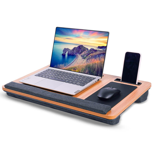 UPLANDIC Laptop Tray – Home Office Lap Desk with Built-in Mouse Pad, Wrist Rest & Phone Holder, Portable Laptop Stand with Cushion, Tablet Slot & Carry Handle, Ideal for Bed & Workspaces (Walnut)