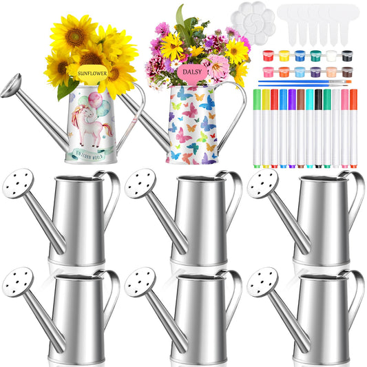 Reallnaive 6 Set Summer Crafts DIY Flower Gardening Kit Metal Succulent Pots Paintable Watering Can Planters Ready to Paint Plant Pot Unpainted Flower Pots Bulk for Classroom