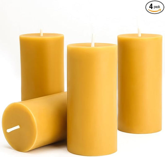Natural Beeswax Candles 4 Packs, Beeswax Pillar Candles with 140 Hours Burn Time, Organic Emergency Candle Long Burning for Home Room, Smokeless & Dripless, 2x4 inch