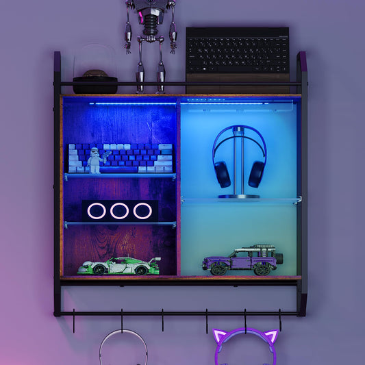 Wall Mounted Rack with LED Lights and Glass Holder, Floating Shelves with 6 S-Hooks,Hanging Wine Glass Rack for Coffee Bar,Home Decor,Gaming Shelf, Hanging Display Rack Bookshelf, Teen Boys Bedroom