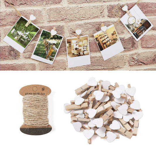 Pandahall 100pcs White Heart Clothespins Wooden Photo Paper Peg Pin Craft Clips with 10.9 Yards Natural Jute Twine for Paper Photo Display Hanging Home Party Wedding Decoration
