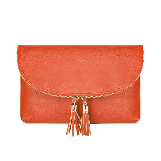 Solene Womens Envelop Clutch Purse Multi Compartments, 6 Card Slot Inside, Crossbody Bag With Tassels (WU075-Burnt Orange)