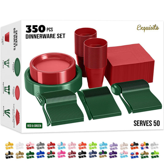 350 Pcs Christmas Plastic Plates For Party, Red & Green Disposable Plates Set, 50 Of Each 9" Dinner Plate Set, 7" Dessert Plate, Cups, Napkins & Cutlery Plastic Dinnerware Exquisite