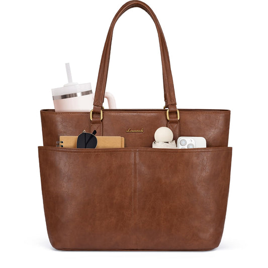 LOVEVOOK Work Tote Bags for Women, Vintage Leather 15.6 Inch Laptop Bag with Large Cup Holder, Teacher Nurse Medical Professional Computer Bag, Office Briefcase Handbag Gift