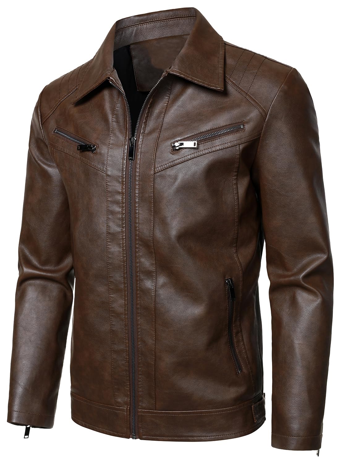 HOOD CREW Mens PU Leather Jacket Classic Style Turn Down Collar Faux Leather Biker Jackets Coffee L