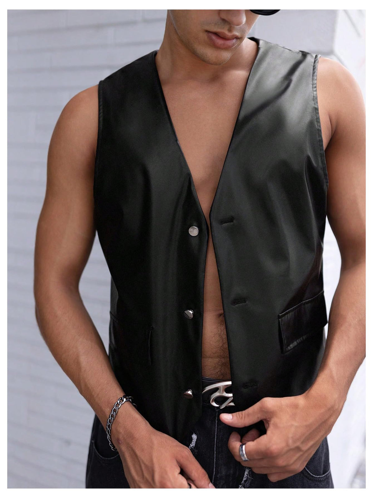 GORGLITTER Men's Leather Vest Casual Button Down Western Cowboy Cropped Vests V Neck Going Out Jacket Black Medium