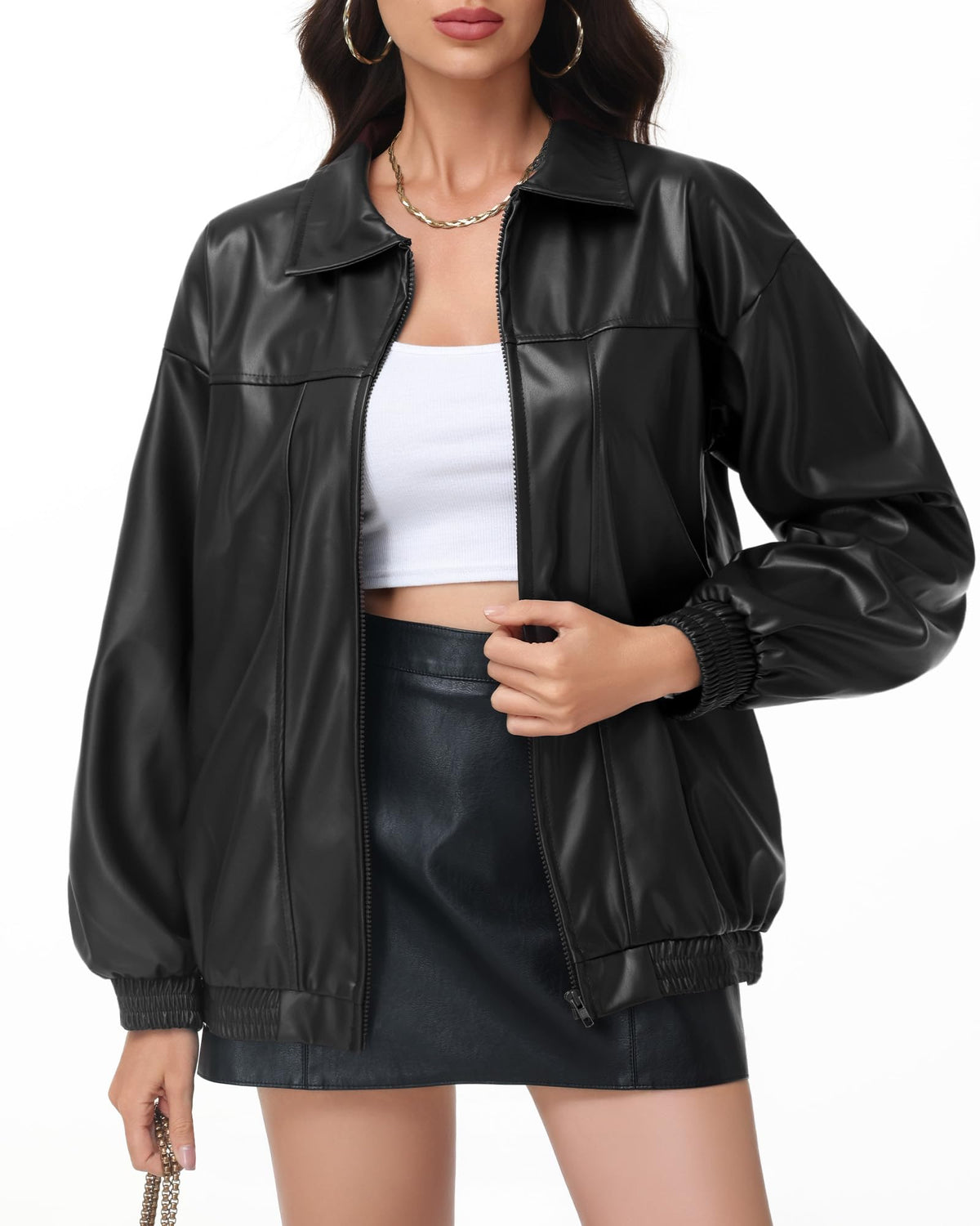 Simlakey Women Oversized Leather Jacket Faux Motorcycle Coat Zip up Long Sleeve Jacket Stylish Clothes 2026(Black,XL)