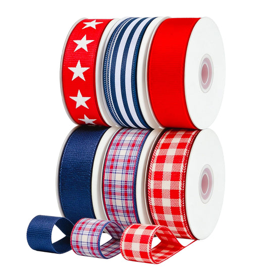 Songye 1.5" Patriotic Wired Ribbon, 30 Yards Total - Stars, Stripes & Plaid Red White Blue Fabric Ribbons for 4th of July Decor, Memorial Day, Independence Day Wreaths, Gift Wrapping & DIY Crafts