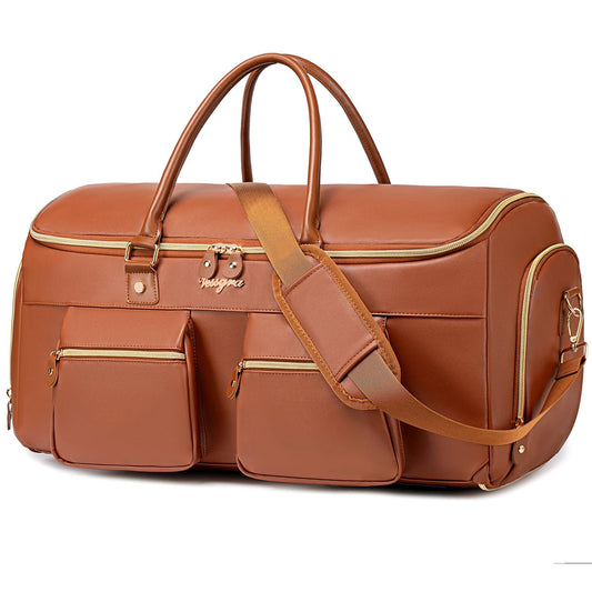 Suit Bag,Vessgra 56L Garment Bags for Travel,2 in 1 Leather Duffle Bags for Men Women, PU Leather Convertible Travel Bag with Shoe Compartment,Work Weekender Bussiness Wedding,Reddish Brown