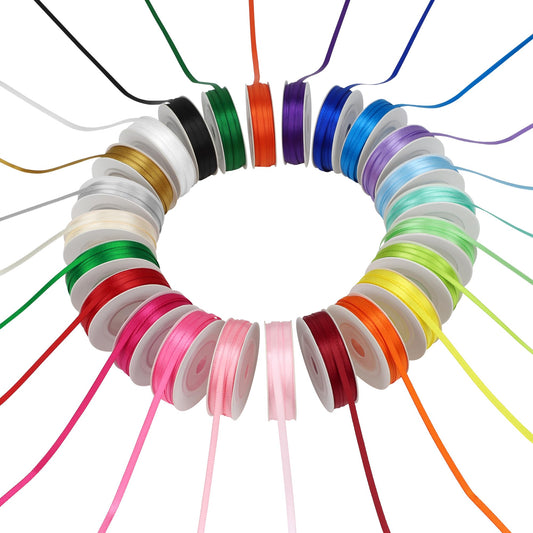 Kryvus Satin Ribbon Set - 24 Colors Double Faced, 1/8 Inch x 17 Yards Each, Thin Polyester Ribbon for Gift Wrapping, Hair Bows, DIY Crafts, Wedding, Birthday, Party & Holiday Decor (Total 408 Yards)