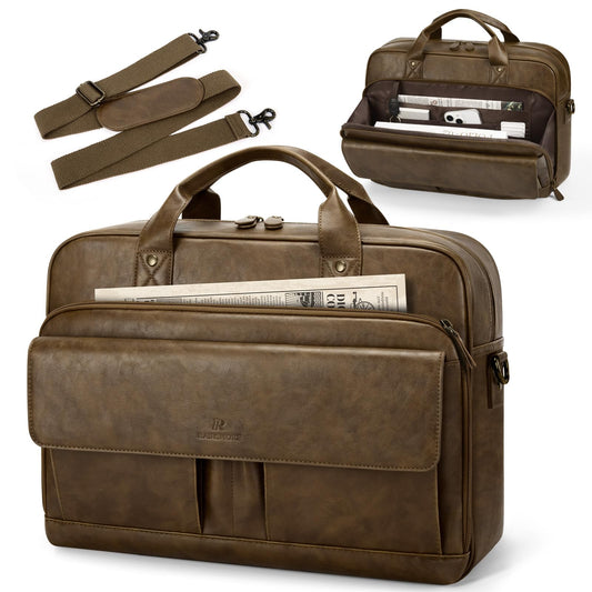 RAINSMORE Mens Laptop Bag PU Leather Messenger Bag 15.6 Inch Briefcase for Men Vintage Computer Satchel Shoulder Bag for Work, Business,Travel, Office, Dark Brown
