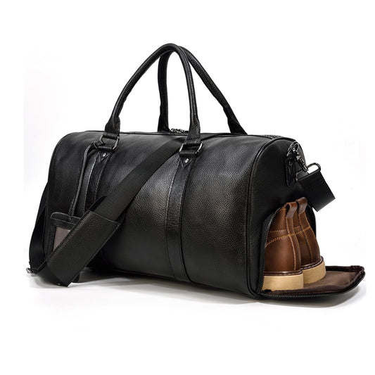 LUUFAN Leather Travel Bag for Men Large Capacity Luggage Duffel Bag with Shoe Compartment, Weekend Handbag for Holiday Business Trip 45cm, Black