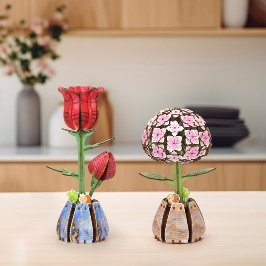 Jege 3D Flower Wooden Puzzles for Adults, DIY Building Set with 2 Flowers, 2 Perfume Bottles & Diffuser Sticks, Creative Craft Gifts & Home Decor (Rose + Hydrangea)