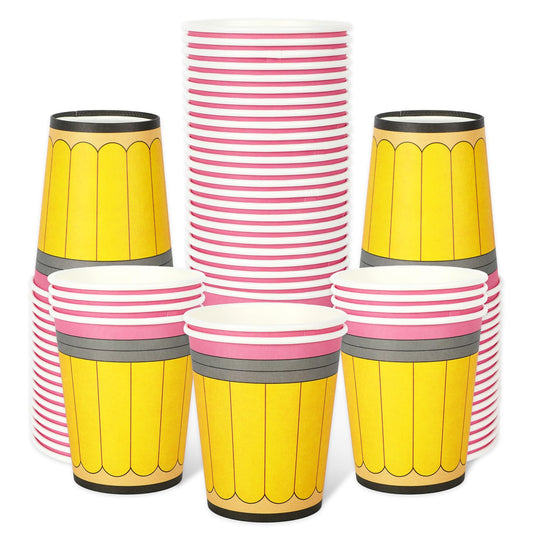 Whaline 50Pcs Back to School Paper Cups 9 Oz Yellow Pencil Design Disposable Cups for Coffee Tea Snacks Classroom First Day of School Party Supplies