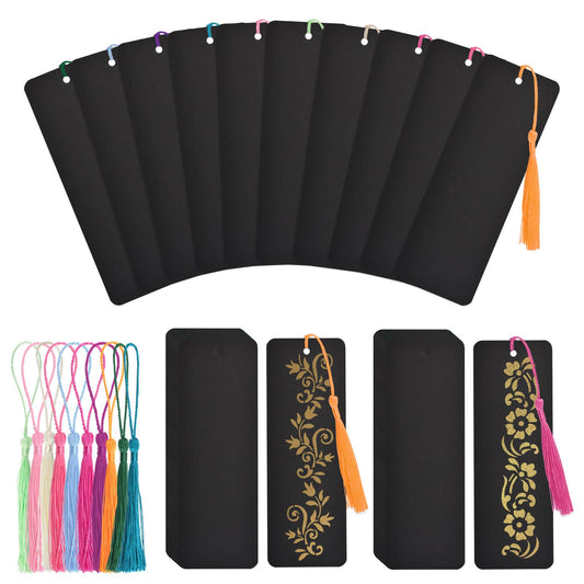 WANDIC 60 Pcs Blank Bookmarks, Black Bookmarks with 60 Pcs Colorful Tassels Thick Cardstock Paper Bookmark with Hole for DIY Craft Projects Supplies Gift Tags Book Decor