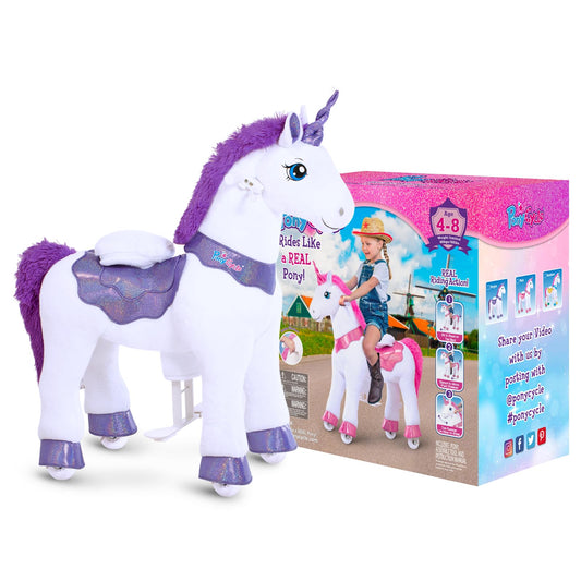 PonyCycle Ride on Unicorn for Kids 4-7 with Brake No Battery Required Unicorn Gifts for Girls (35.4" Height/Size 4) Plush Interactive Riding Rocking Riding Horse Ride on Toy Spirit Stuffed Animal E413