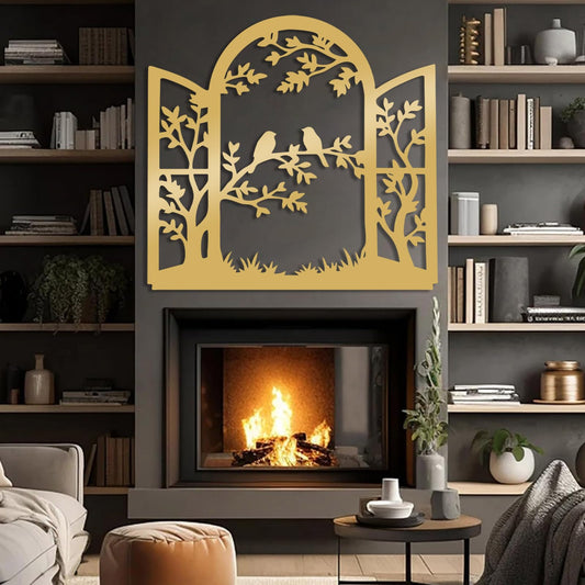 Bird Window Metal Wall Art, Bird on Branch Metal Wall Decor, Window Frame Wall Art, Birds Branch Silhouette Wall Hanging, Nature Decorations for Living Room, Hallway (Gold, 17"x19"/44x47cm)