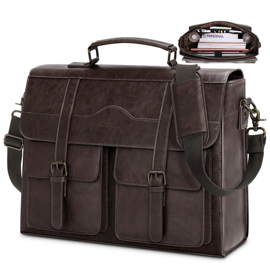 RAINSMORE Mens Messenger Bag 17 Inch Vintage Leather Laptop Briefcase Magnetic Closure Large Satchel Computer Shoulder Bag for Office Travel College, Coffee