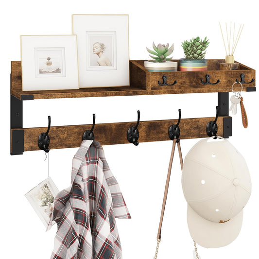 Homode Coat Rack with Shelf, Wall Shelf with Hooks, 26 Inch Long Coat Hanger Wall Mount with Key and Mail Holder, Wood Entryway Shelves for Hanging Hat Jacket Backpack Purse, Rustic Brown Black
