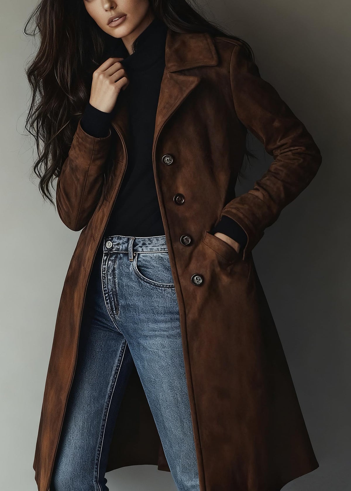 chouyatou Women's Fall Faux Suede Leather Trench Coat Casual Lapel Midi Long Dressy Blazer Jacket Coat with Pockets (X-Small, Coffee Brown)