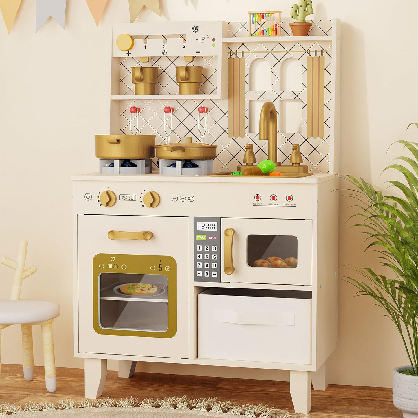 BIERUM Play Kitchen with Realistic Lights & Sounds, Wooden Kitchen Playset Chef Pretend Play Set for Toddlers, Toy Kitchen with 26 Pcs Toy Food & Cookware Accessories, Gift for Ages 3+