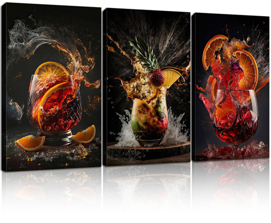 3-Piece Framed Canvas Wall Art Wrapped Canvas Cocktail Drink Posters High-Definition Bar Art Prints, Modern Alcohol Beverage Artwork Liquor Splash Photography Pictures, Unique Bartender Decor for Home Kitchen, Lounge and Bar12X16inch