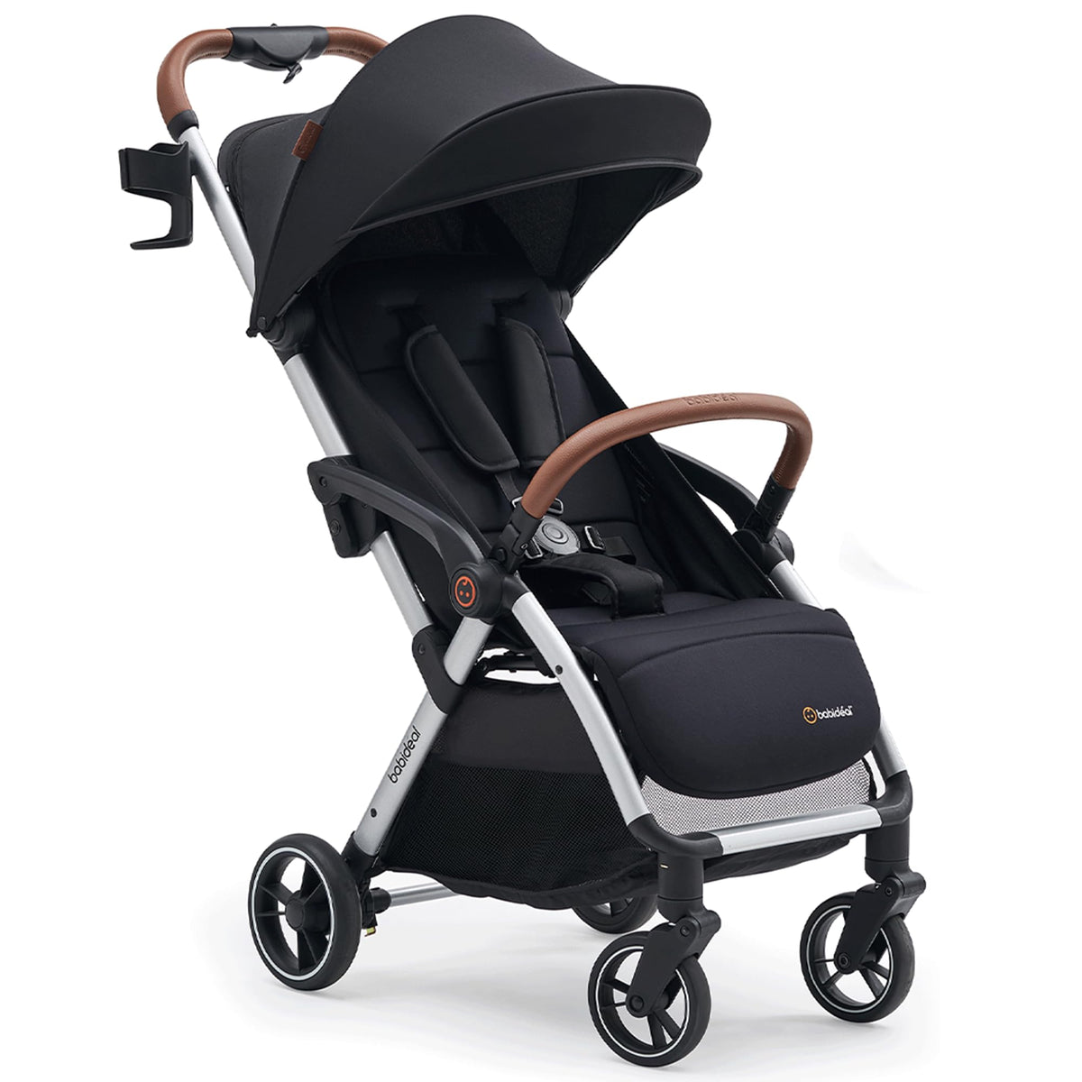 Babideal Lightweight Travel Stroller for Baby, Self-Folding Toddler Stroller with Large Canopy, Full-Reclining Seat, Cup Holder Included - Newborn to 50lbs. (Black)
