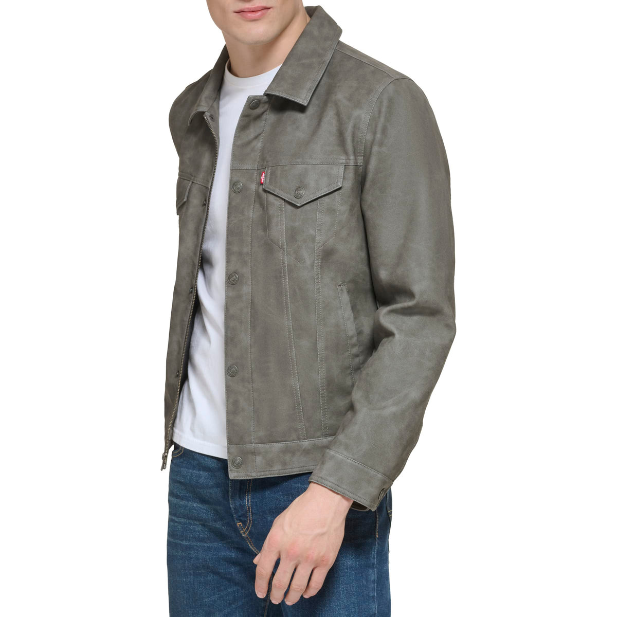 Levi's Men's Faux Leather Classic Trucker Jacket, New Light Grey, Large